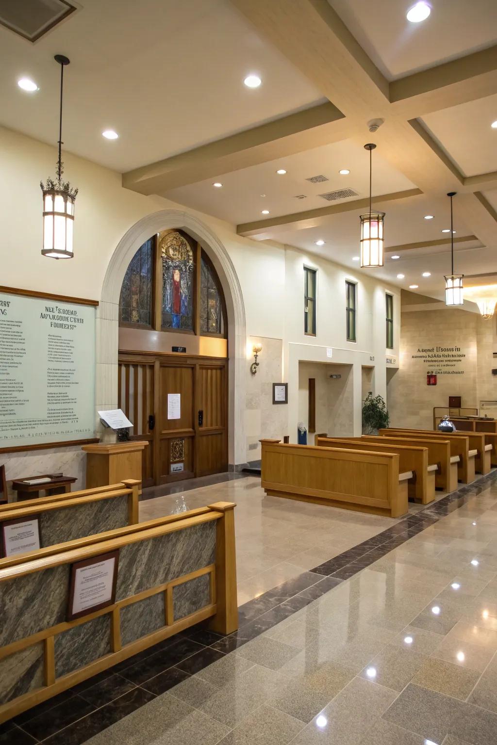 Set sections boost functionality in the church foyer.