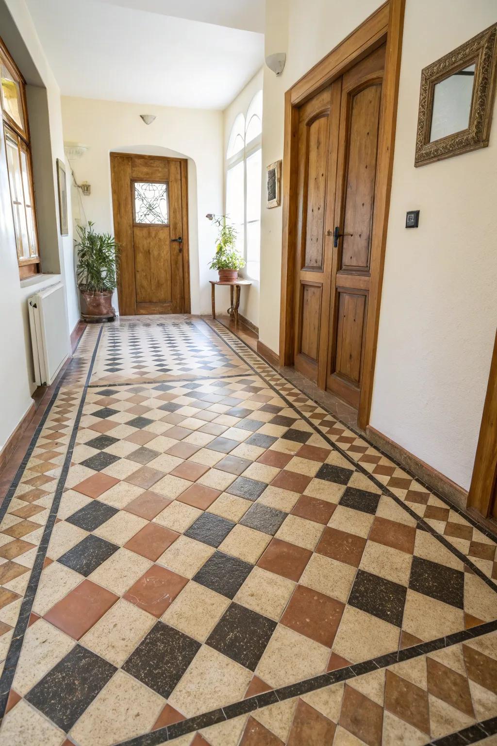 Two-tone tiles add a dynamic visual element, making the entryway pop.