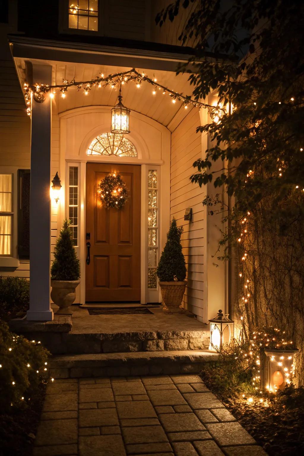 Warm-toned lights produce a snug atmosphere in this welcoming entryway.