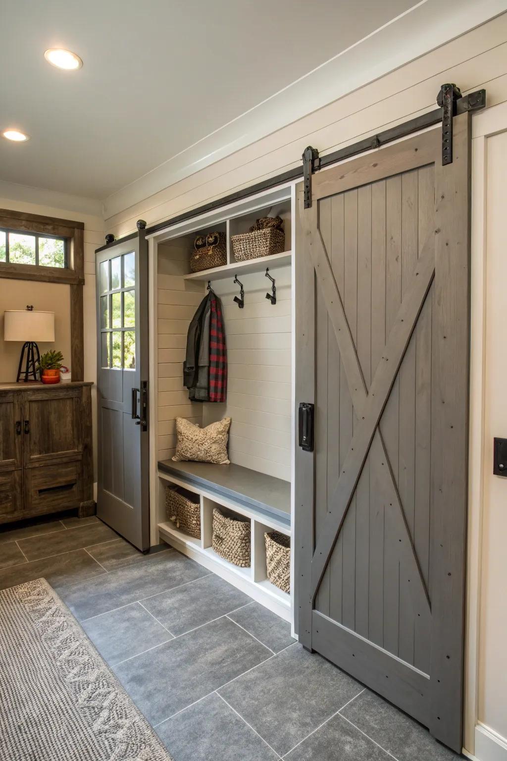 A barn door provides stylish separation for this mudroom.