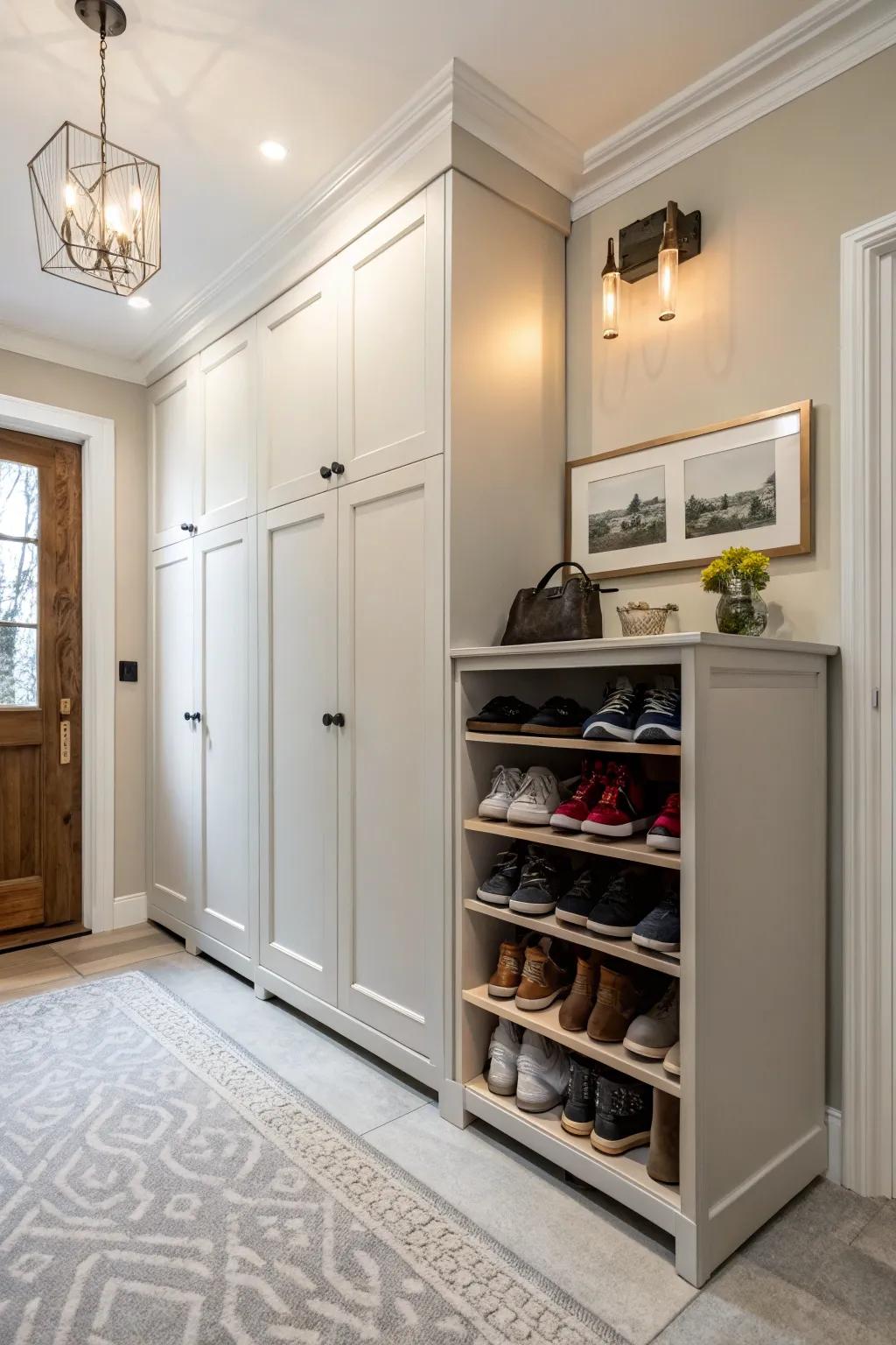 Hidden footwear storage keeps your entryway looking pristine.
