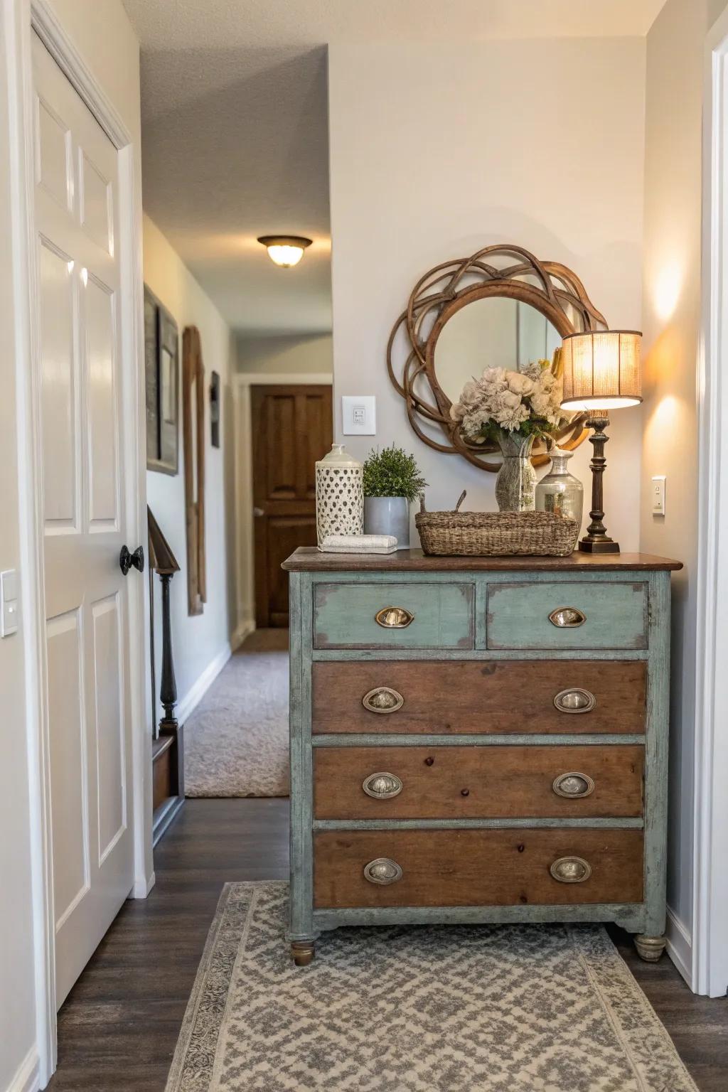 A repurposed dresser introduces charm and utility to the entryway.