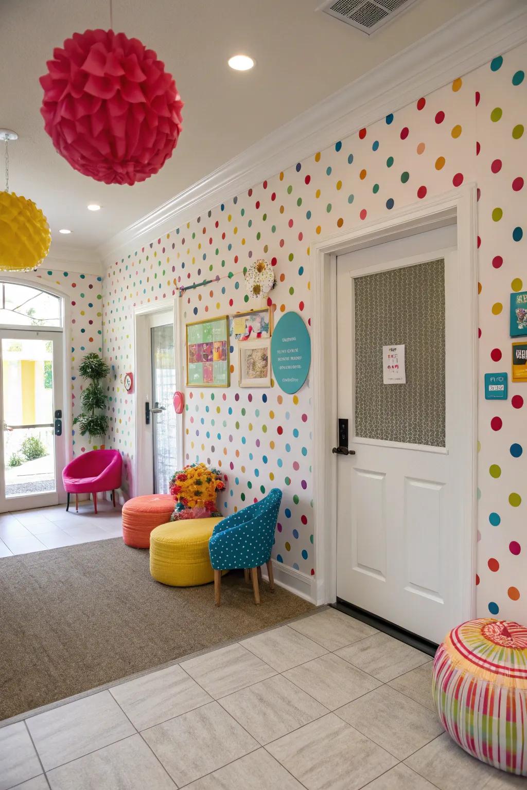 Cheerful entryway with playful polka dot wallpaper for a whimsical touch.