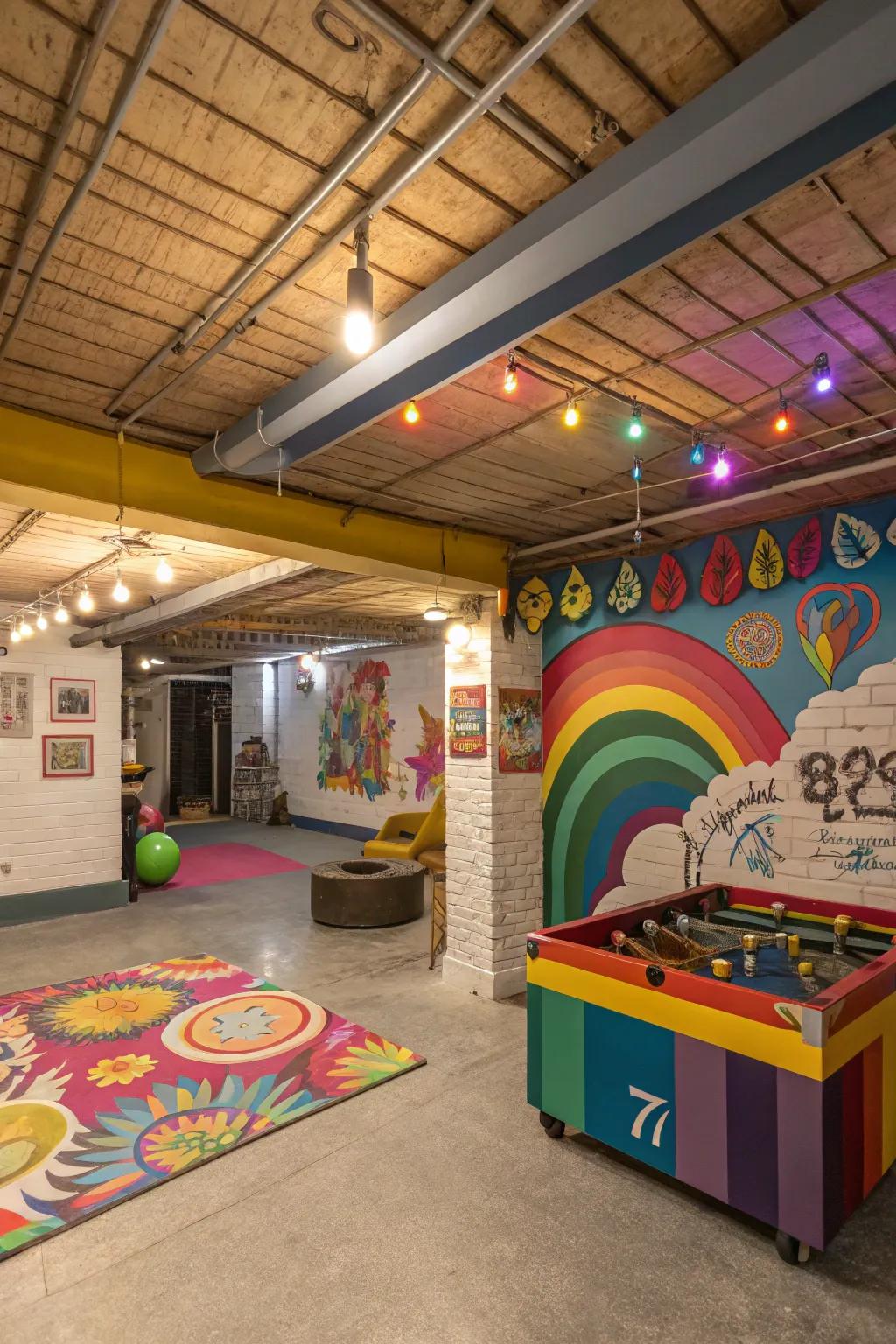 A playful and colorful ceiling adds energy to the space.