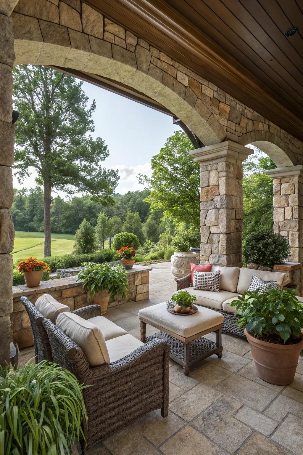 Stone walls offering privacy and style to outdoor living areas.