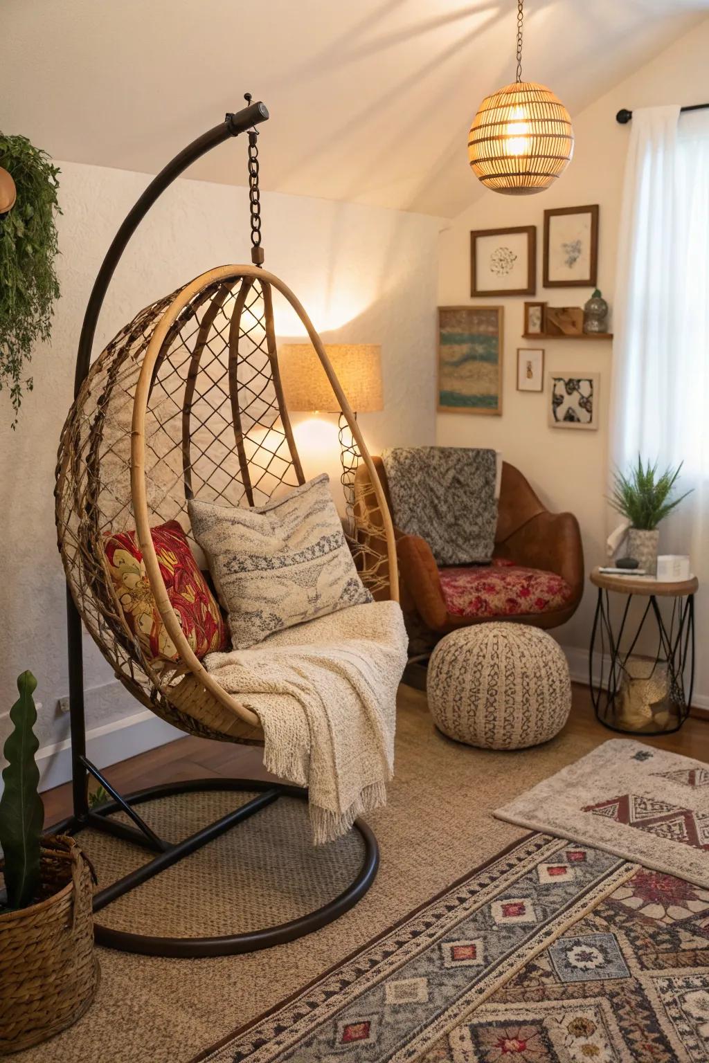 Suspended chairs supply an unconventional seating choice.