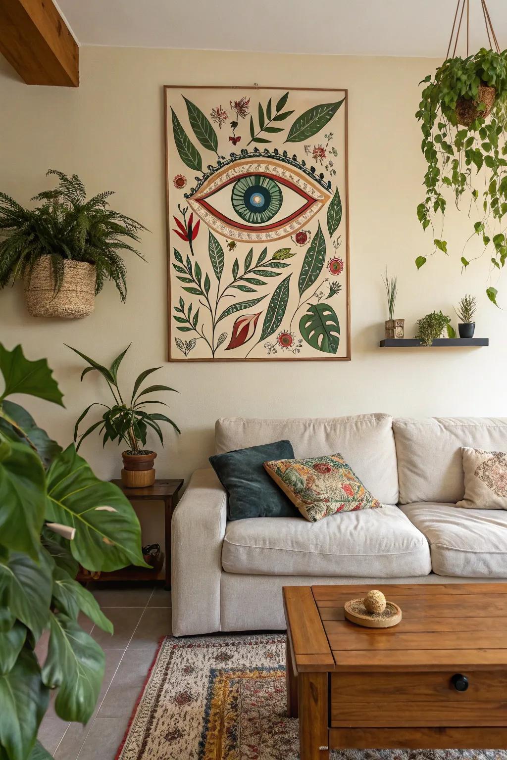 A tranquil eye painting with botanical motifs that elevates the organic ambiance of the living space.