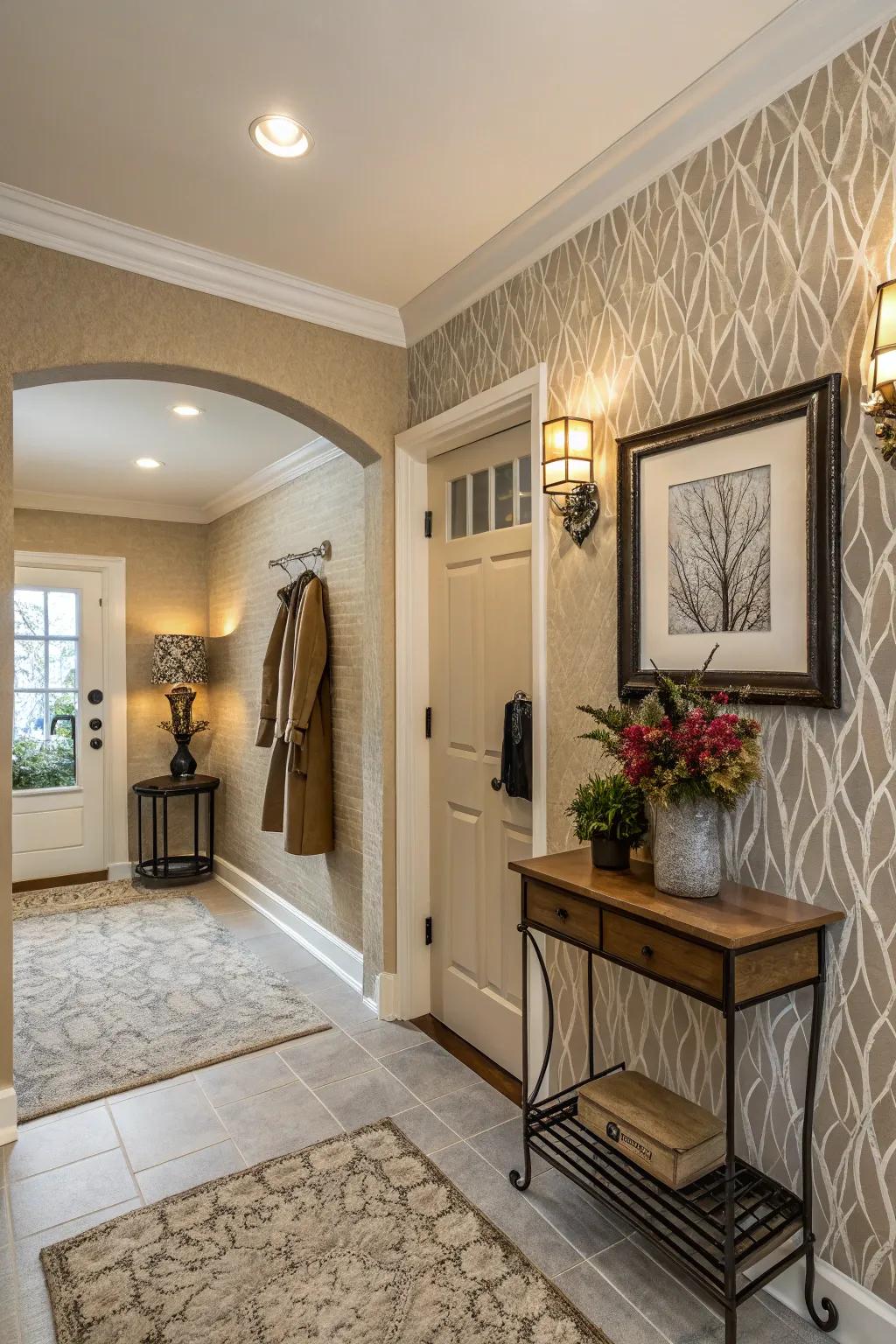 Neutral impressions in fabric wallpaper offer understated sophistication.