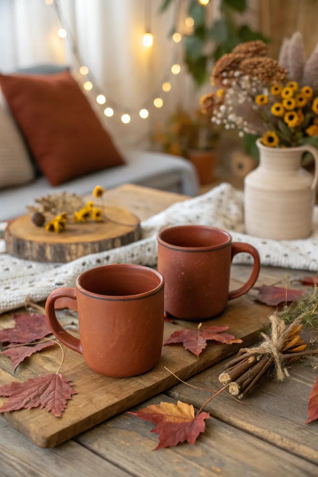 Textured earthenware mugs with earthy appeal.