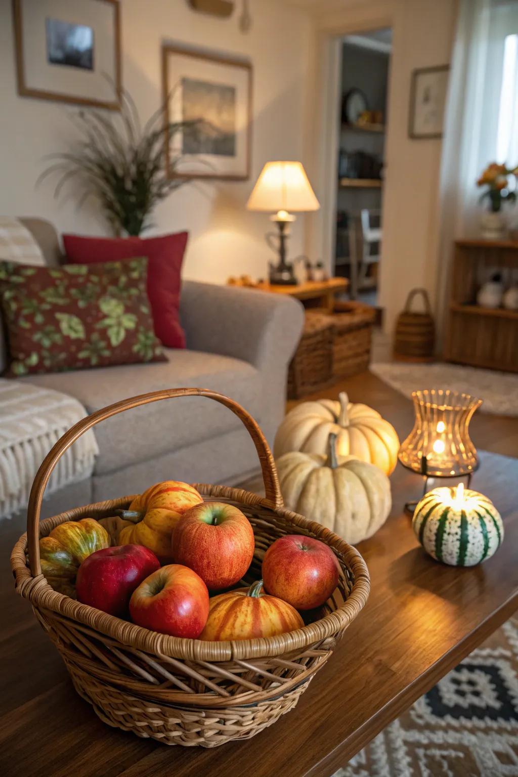 A harvest basket celebrates the abundance of the fall season.