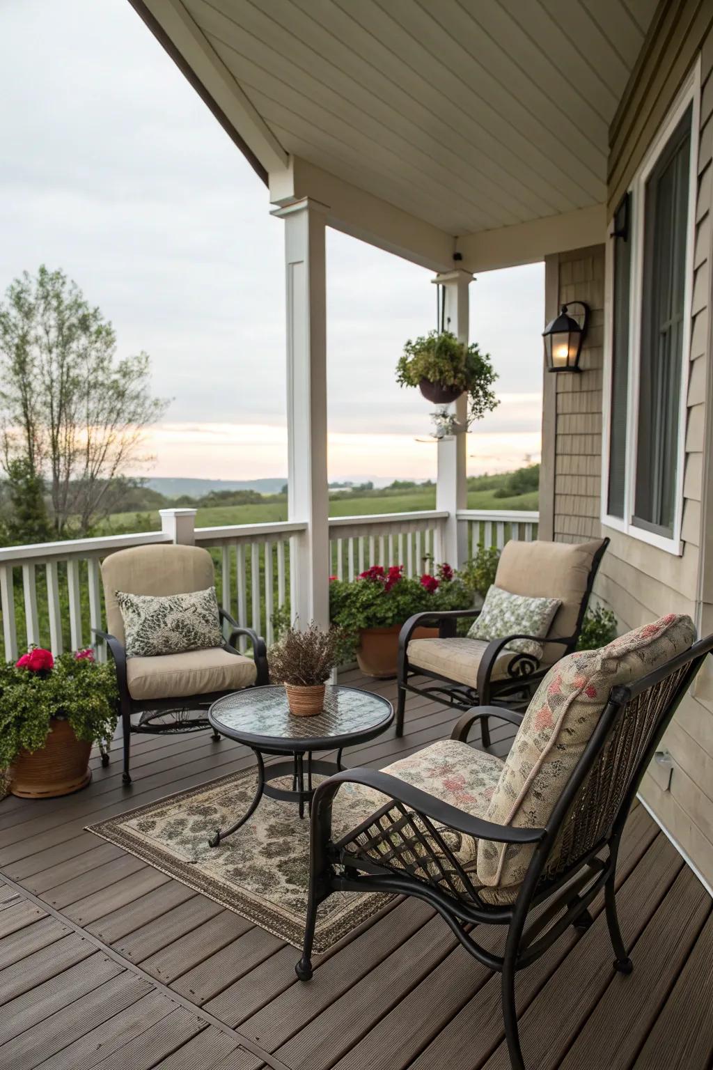 A cozy seating corner entices you to unwind and savor the autumnal air.