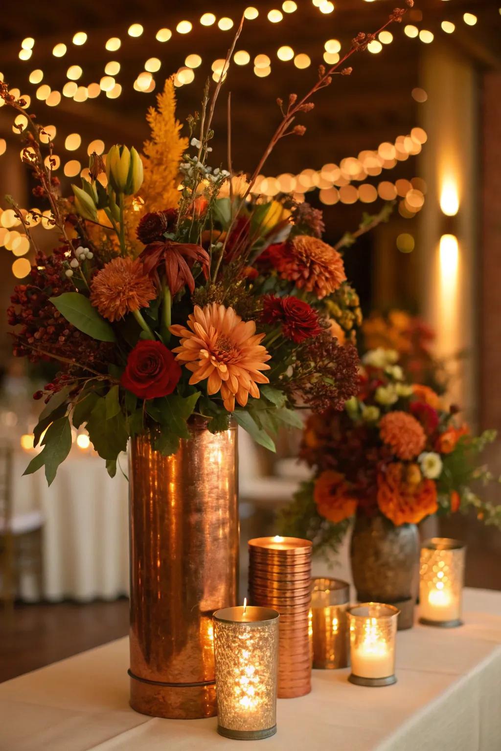 Bronze containers paired with autumnal flowers bring warmth to this fall wedding table.