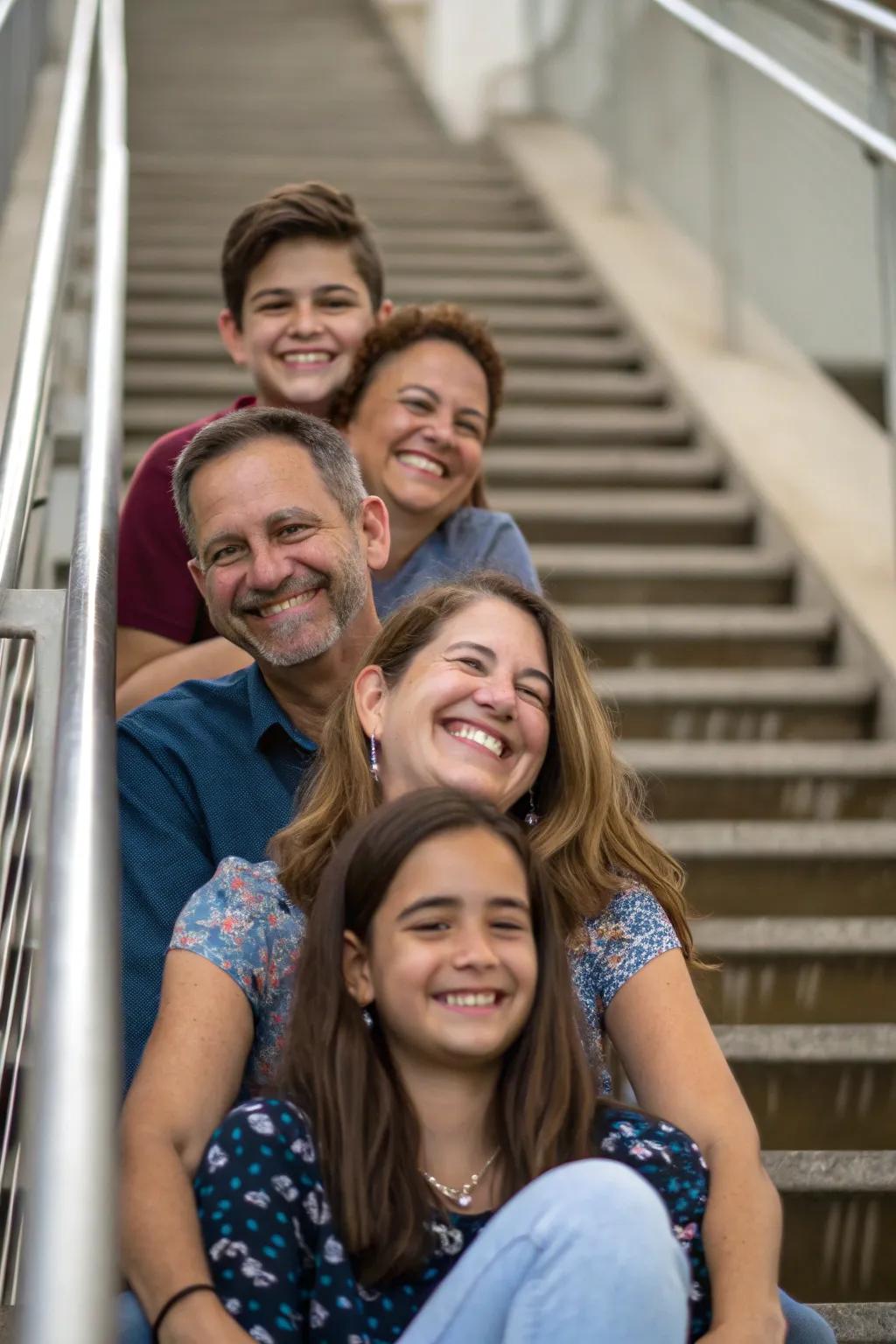 A stairway furnishes a creative backdrop for stratified family portraits.
