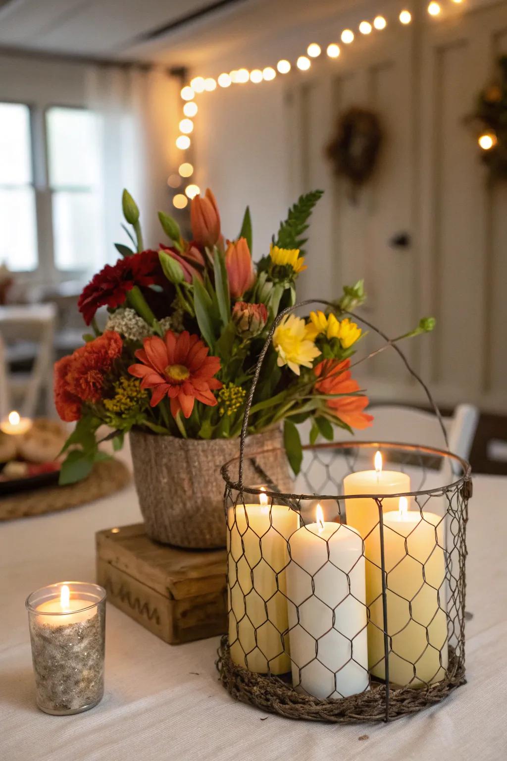 Poultry netting introduces rustic texture to hold blooms and lights.