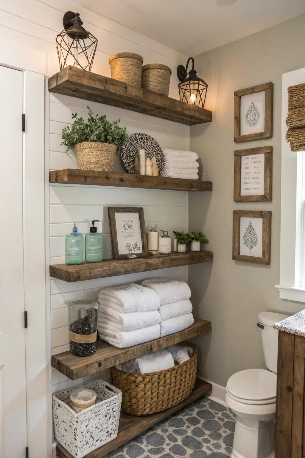 Open shelving blends utility with rustic charm in a farmhouse bathroom.
