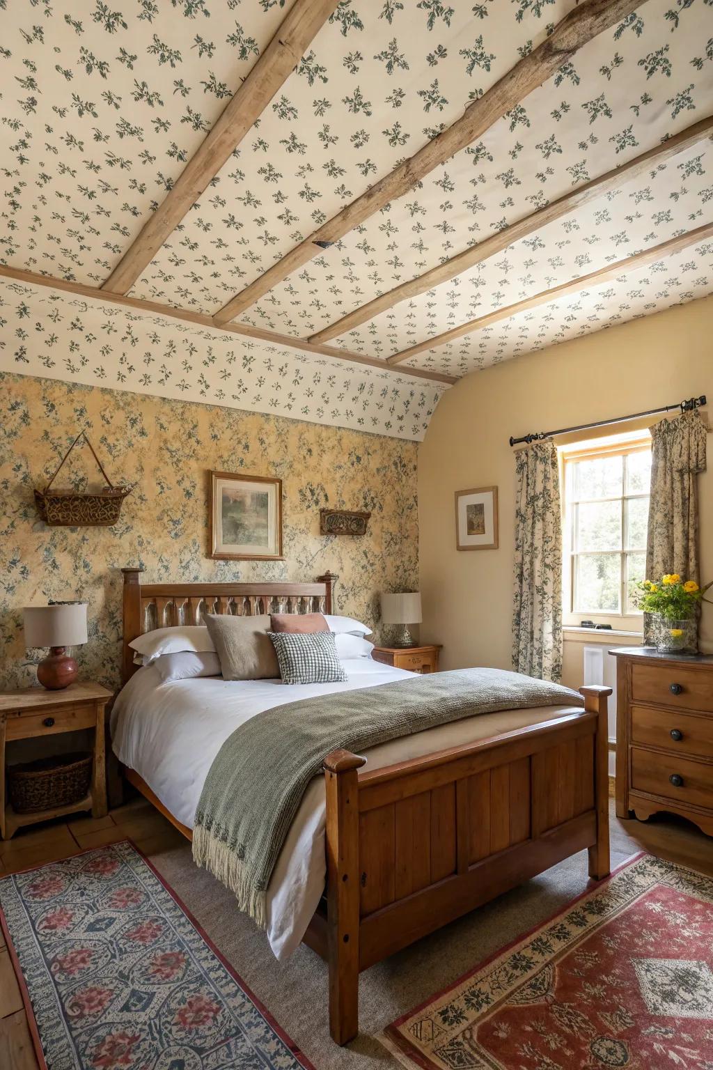 Papered ceilings unveil distinctive patterns and hues within this farmhouse chamber.