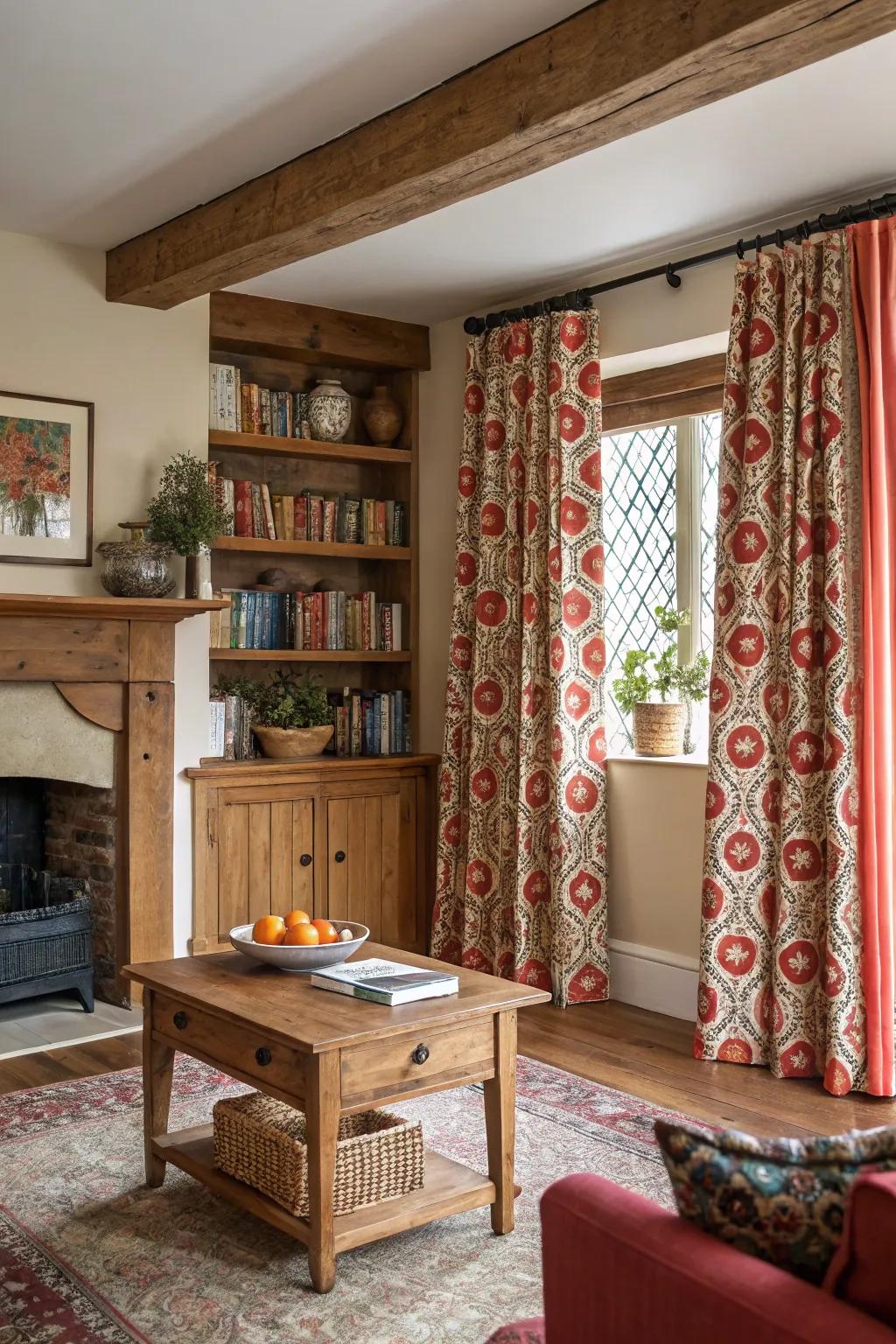 Bold patterned drapes adding a splash of color to a vibrant farmhouse living room.