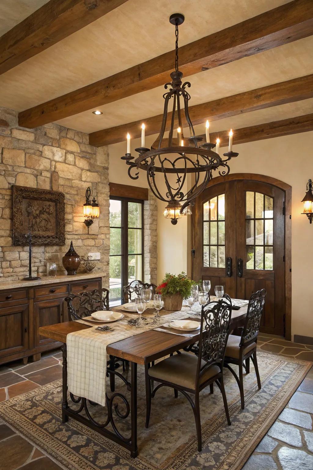 Wrought metal accents add elegance and traditional craftsmanship to this dining space.