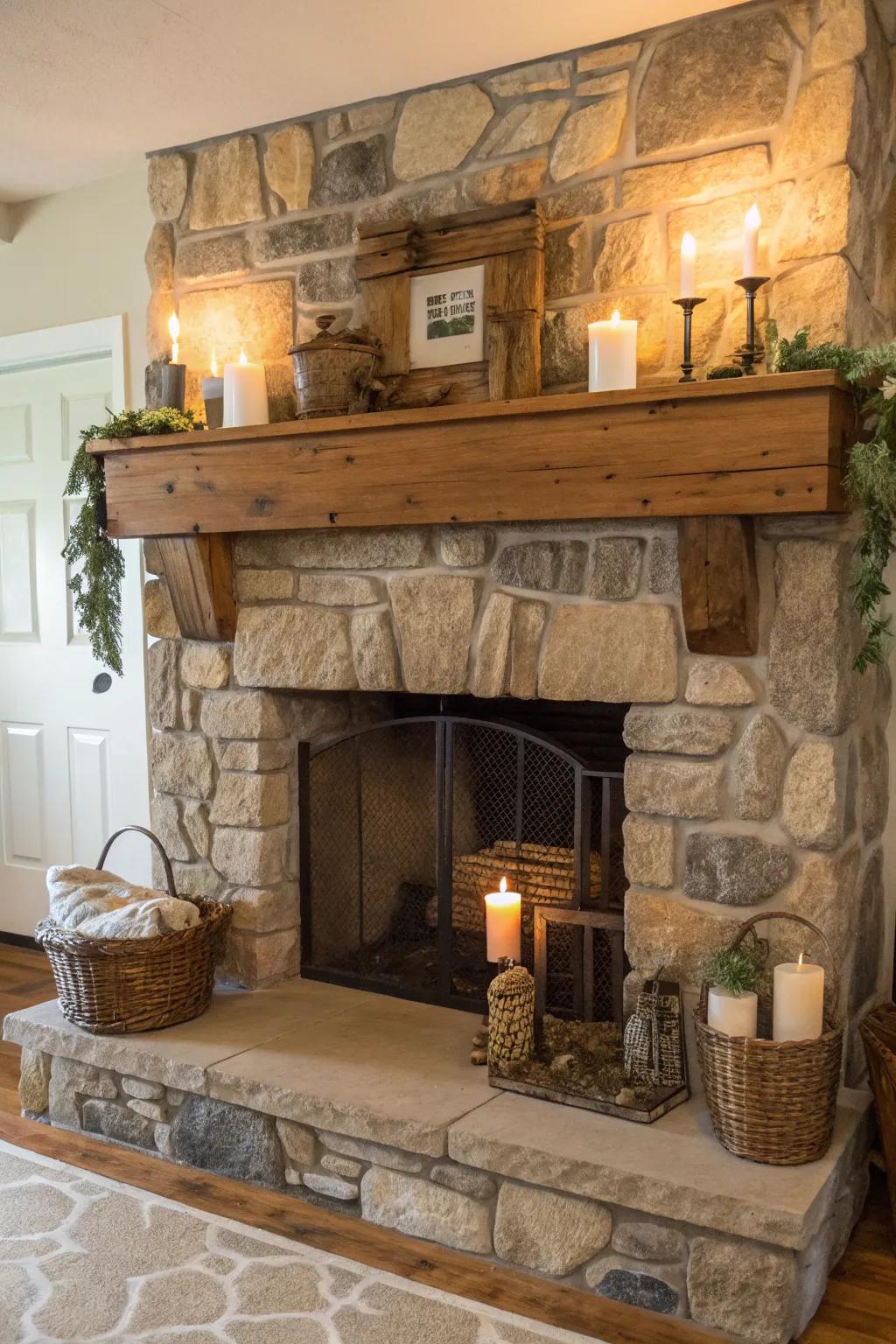 A countryside timber mantel complementing a farmhouse fireplace.