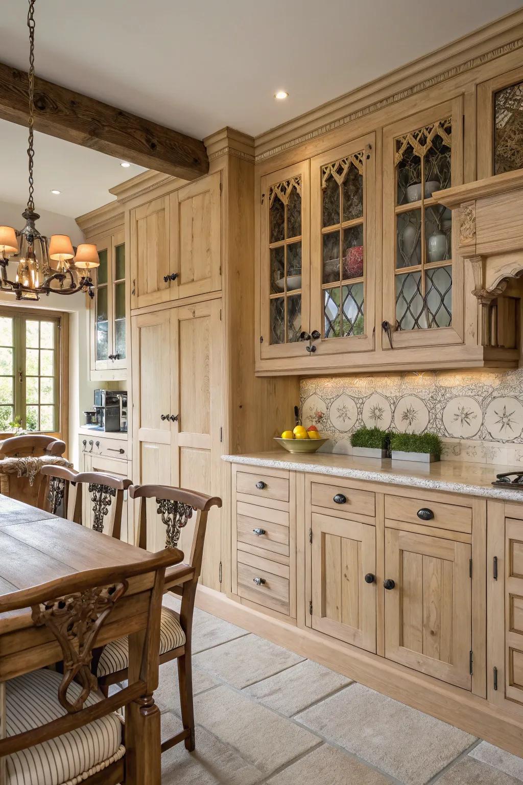 Craftsmanship particulars inject persona into pale timber fittings in a country-style cooking area.