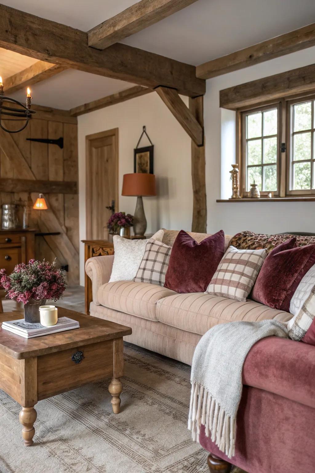 Gentle textures infuse a hint of opulence into this farmhouse living space.