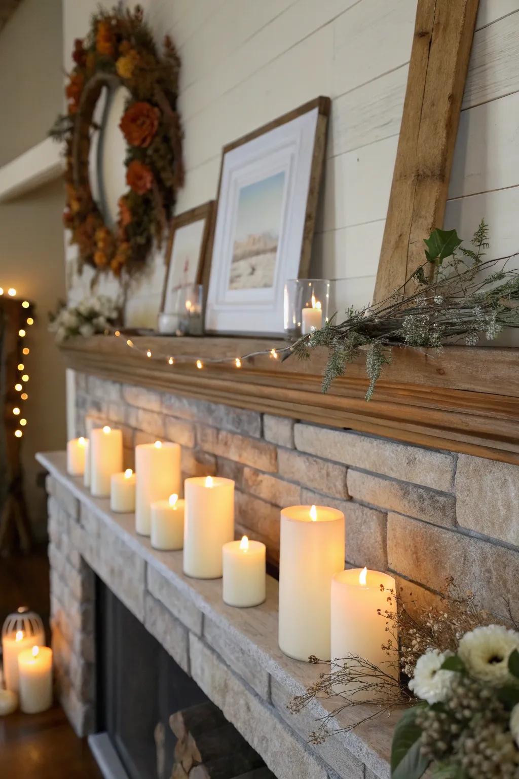 Pillar candles in varying heights add warmth and coziness to the mantel.