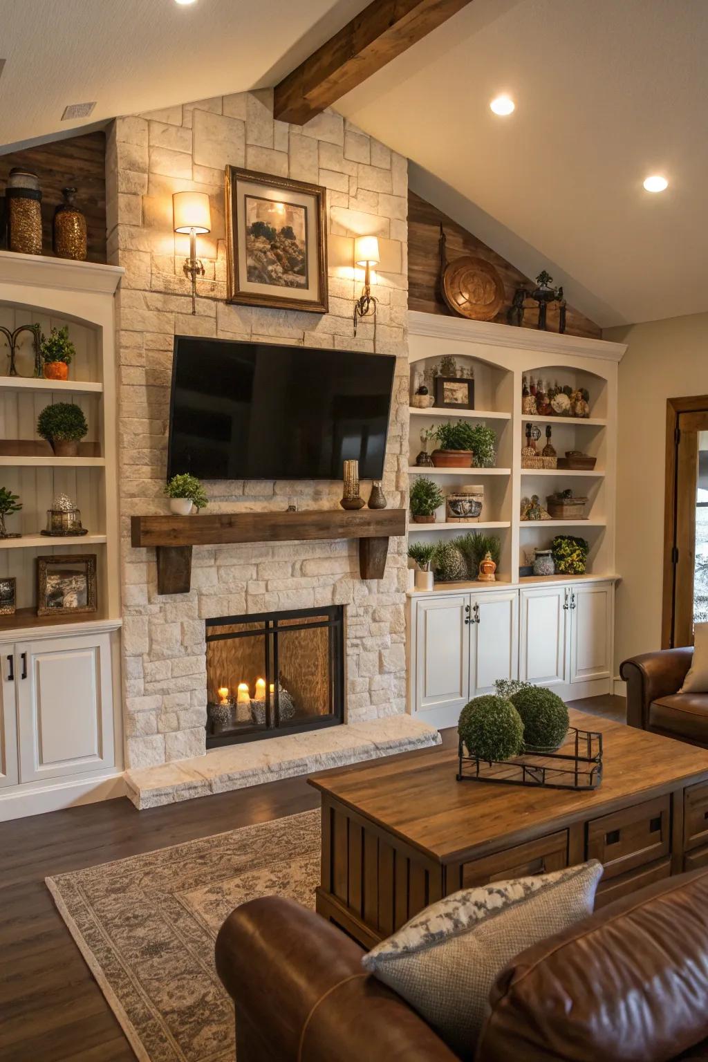 A farmhouse living space with built-in shelves surrounding the TV above the mantel.