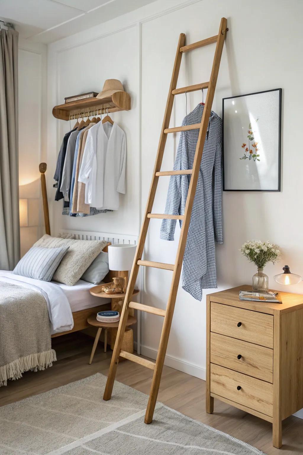 A functional clothing organizer ingeniously crafted from a ladder