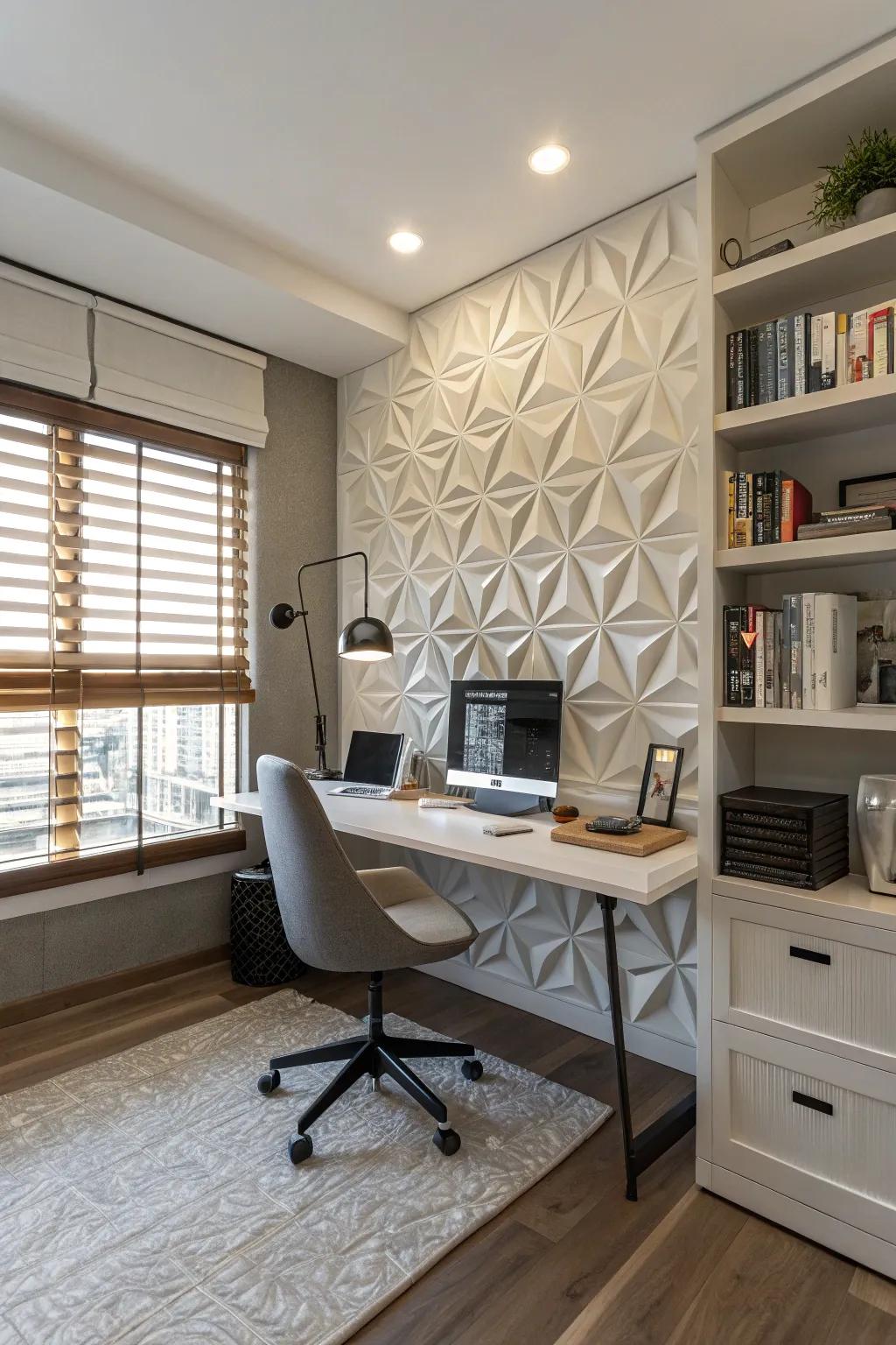 3D panels add depth and style to this home office.