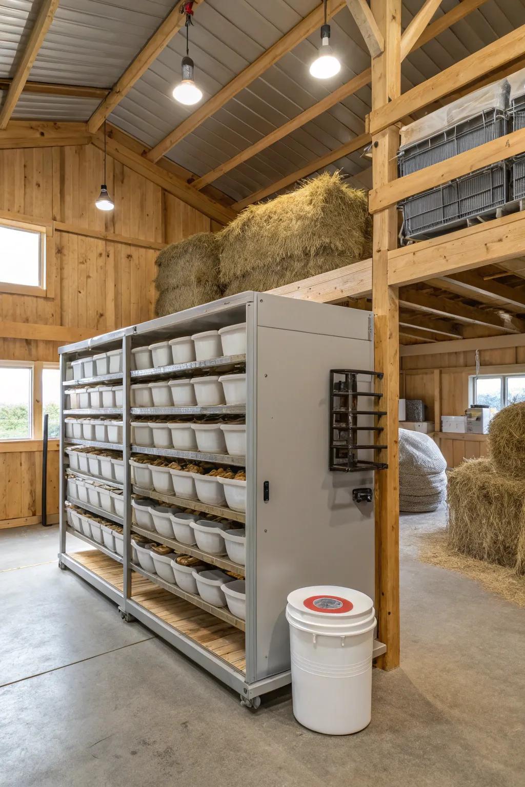 Rotating storage keeps feed fresh and reduces waste.