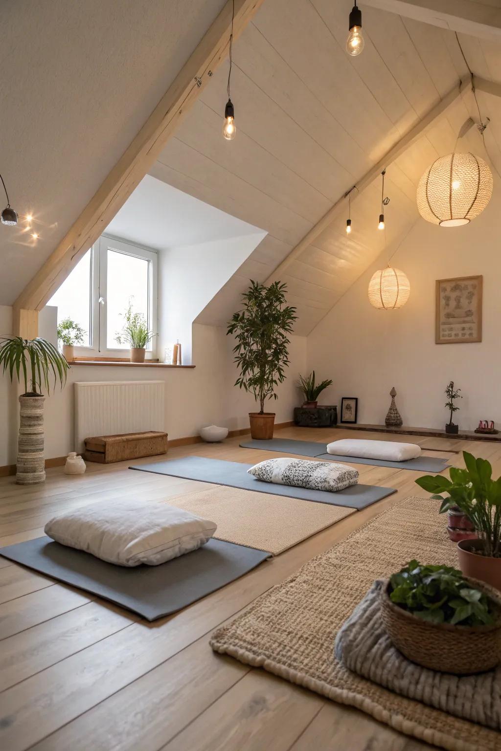A serene attic sanctuary for meditation and yoga practice.