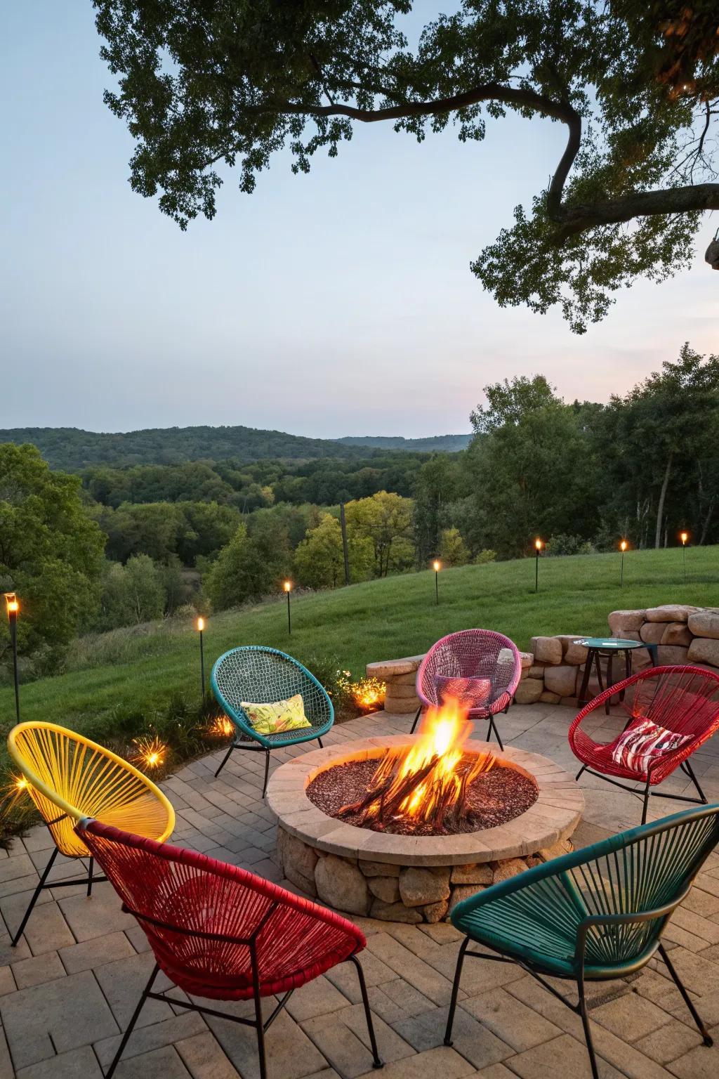 Vibrant wicker chairs brighten up the fire pit area.