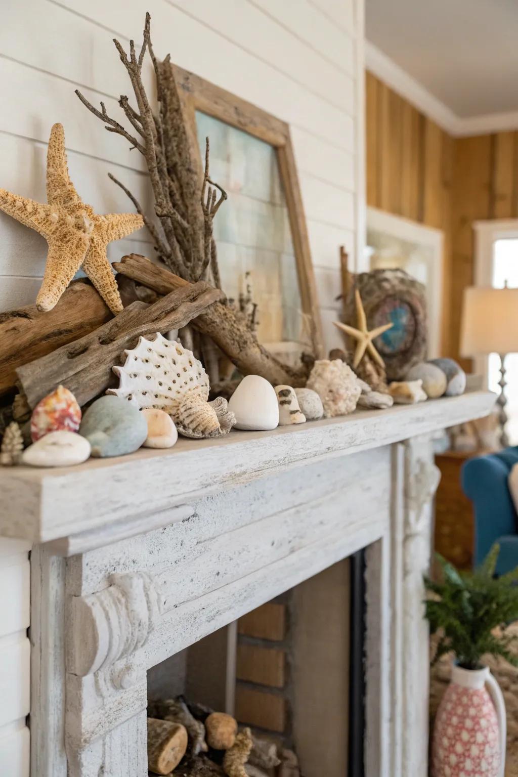 Driftwood and sea-inspired decor create beachy vibes.