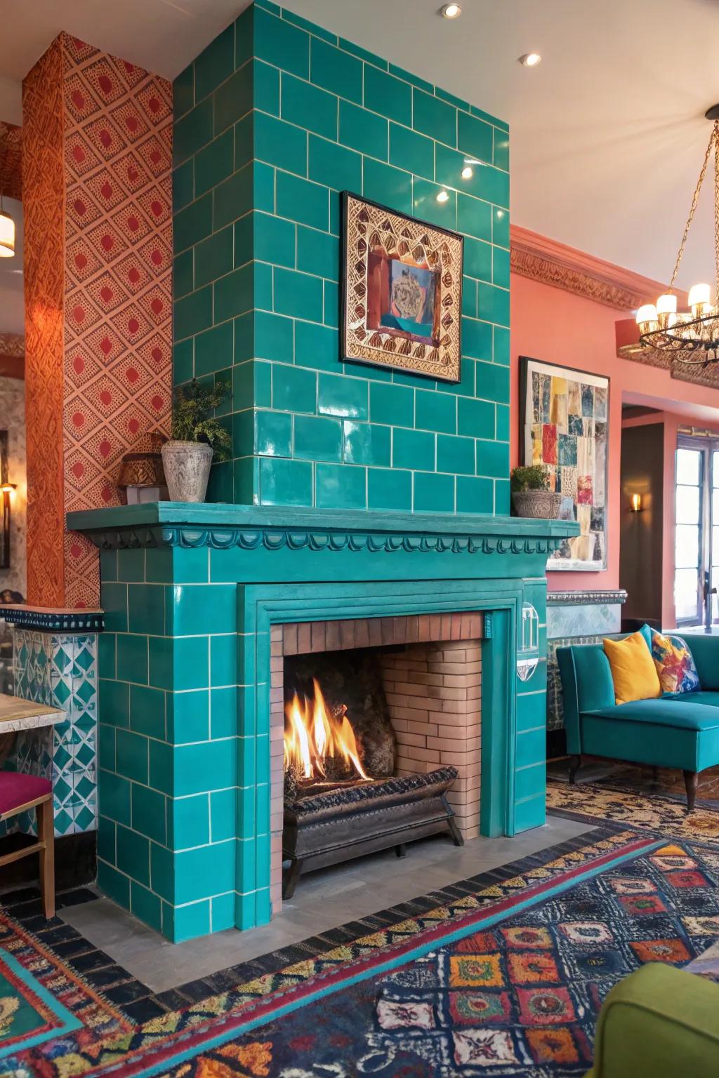 Vivid teal finishes render a striking affirmation on this fireplace.