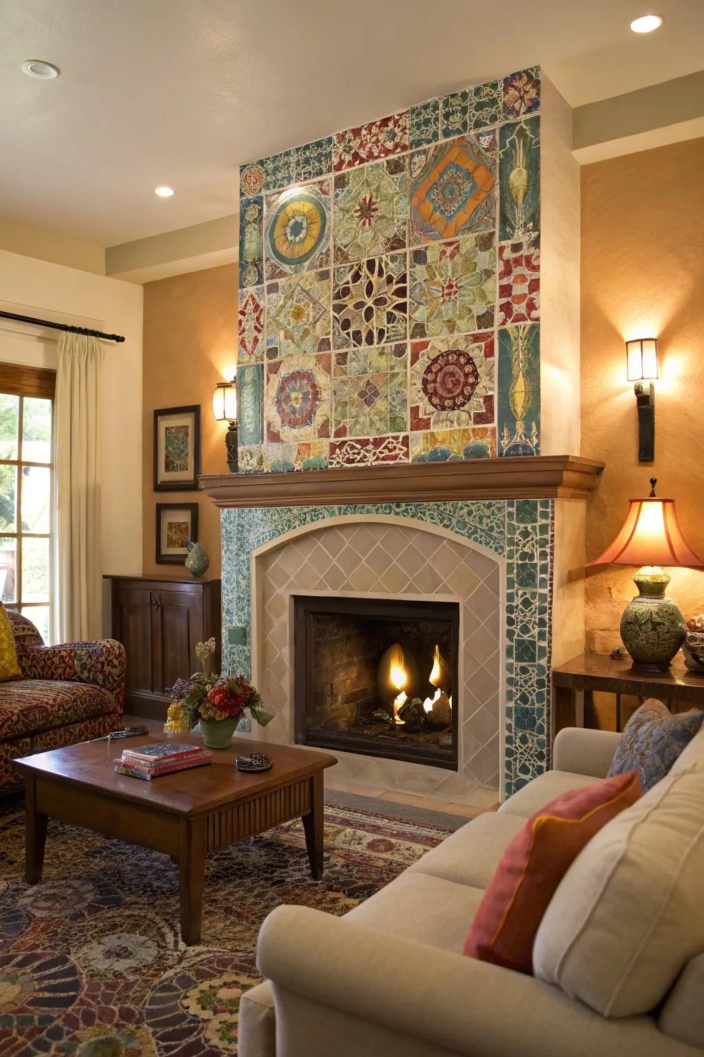 A mixed tile mosaic injects vibrancy into the fireplace wall.