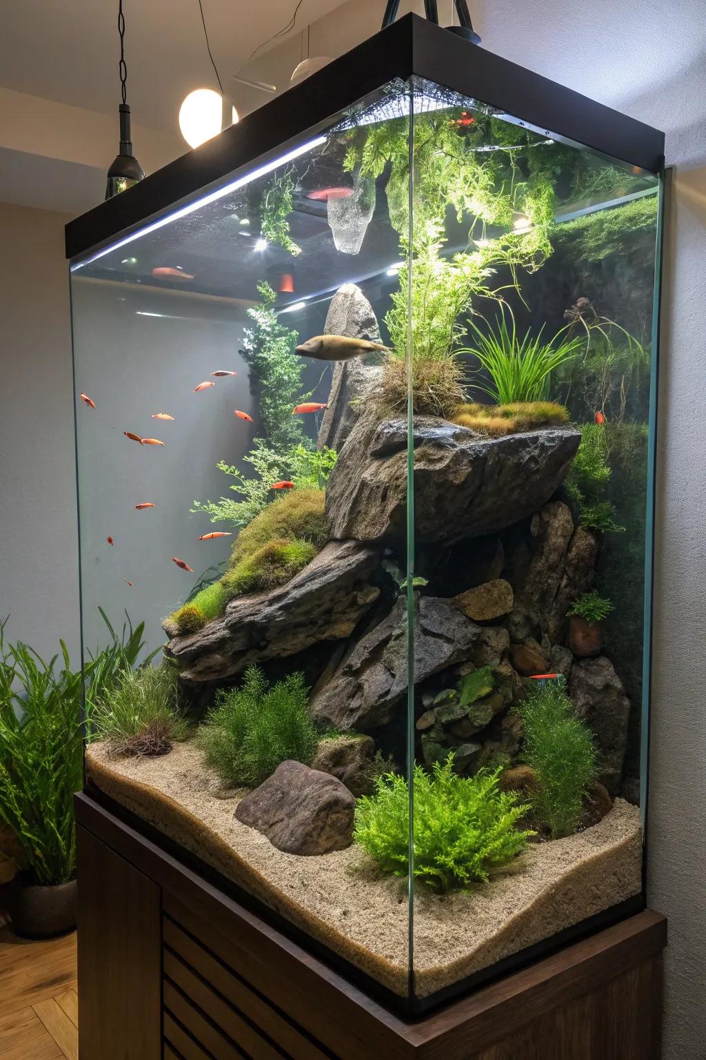 A multi-tiered aquascape introducing increased depth