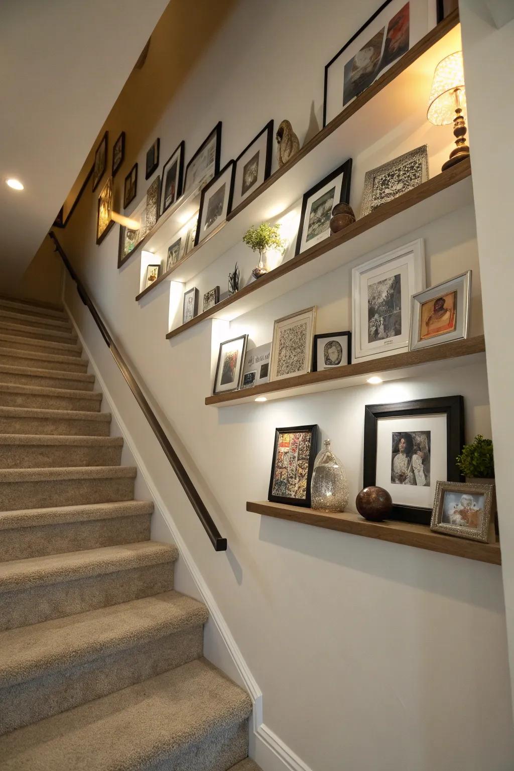 Floating shelves enhancing a staircase wall.