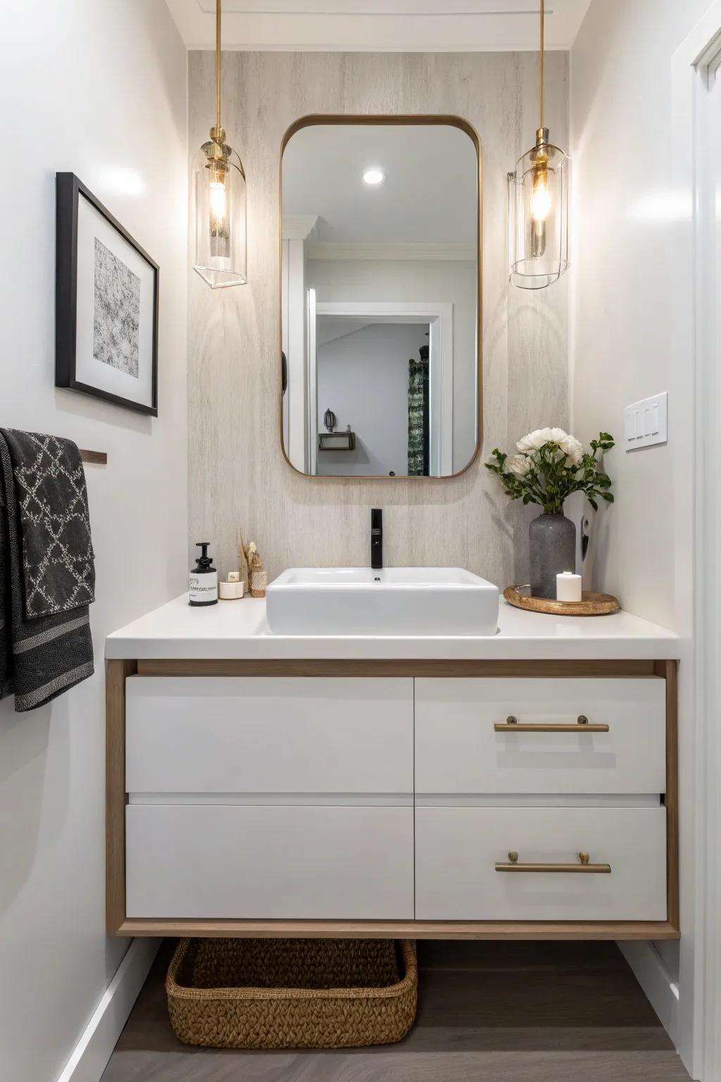 A compact powder room featuring a stylish floating vanity.