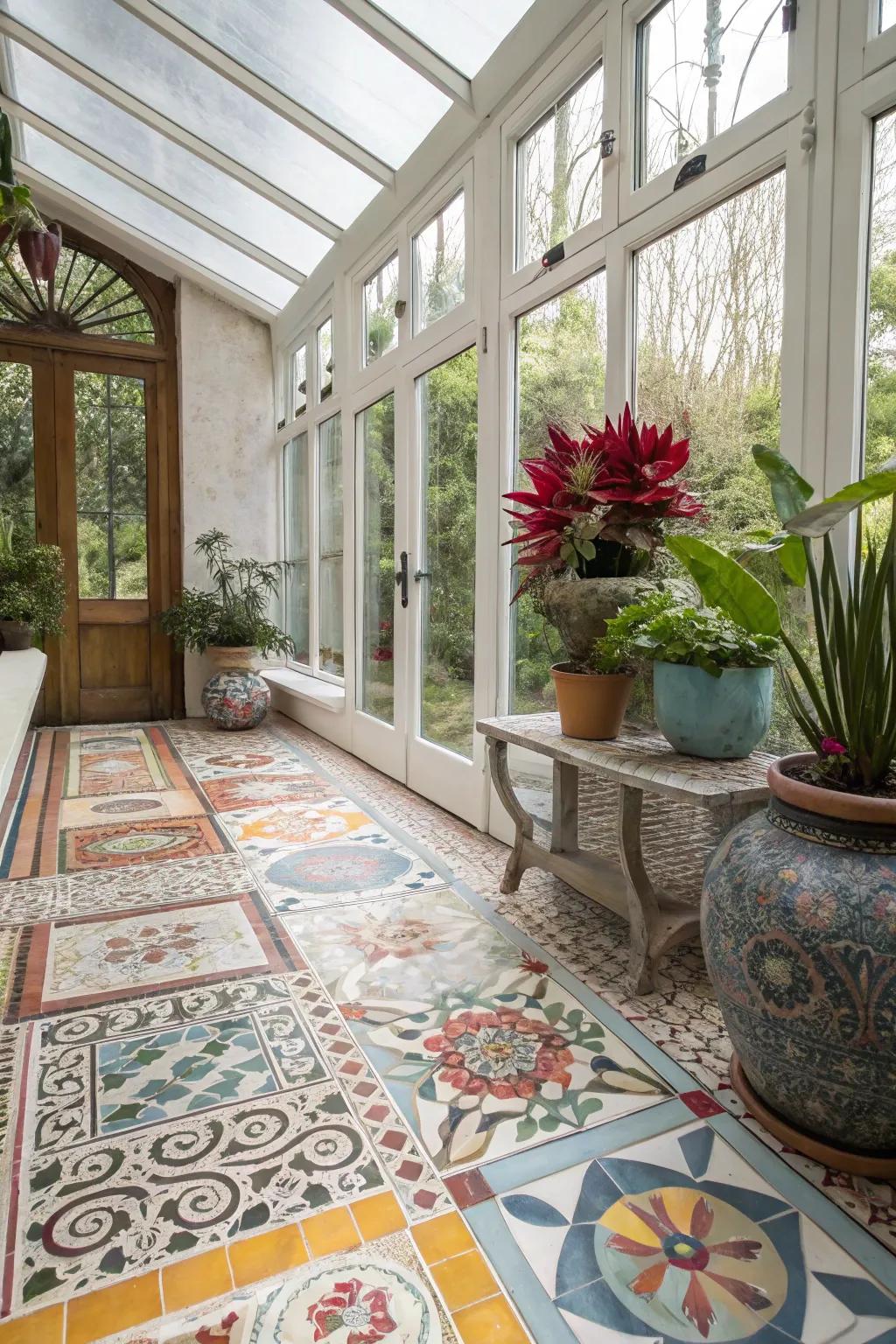 Artistic sunroom displaying designed tile flooring.