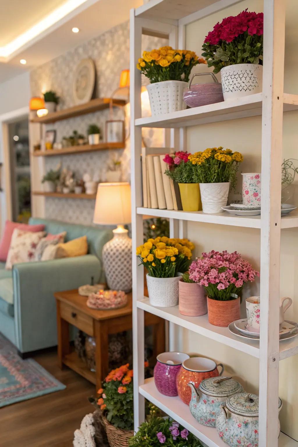 Modest floral scenes contribute vitality to exposed shelves.