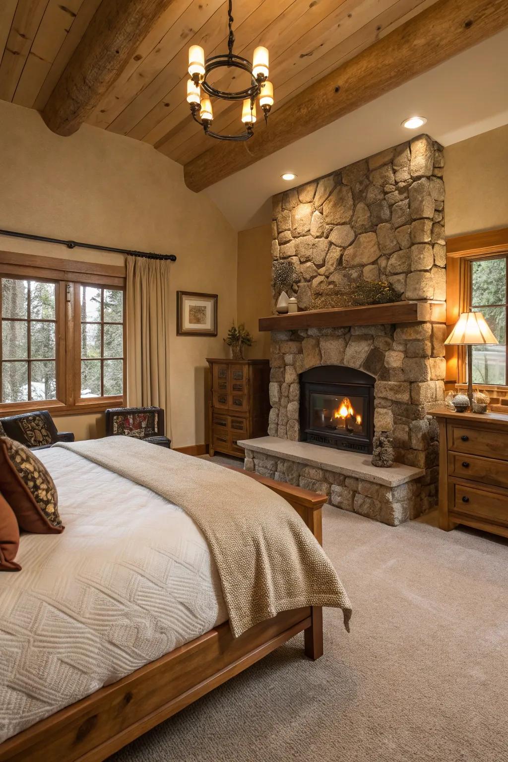 A fireplace adds warmth and a rustic focal point.
