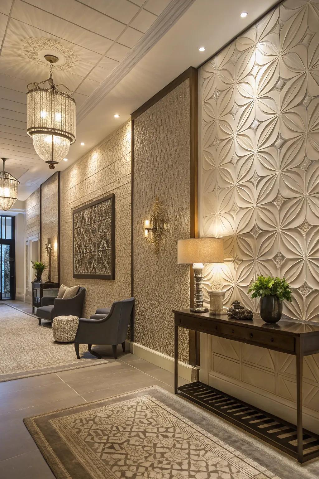 Textured walls deepening dimension in the foyer.