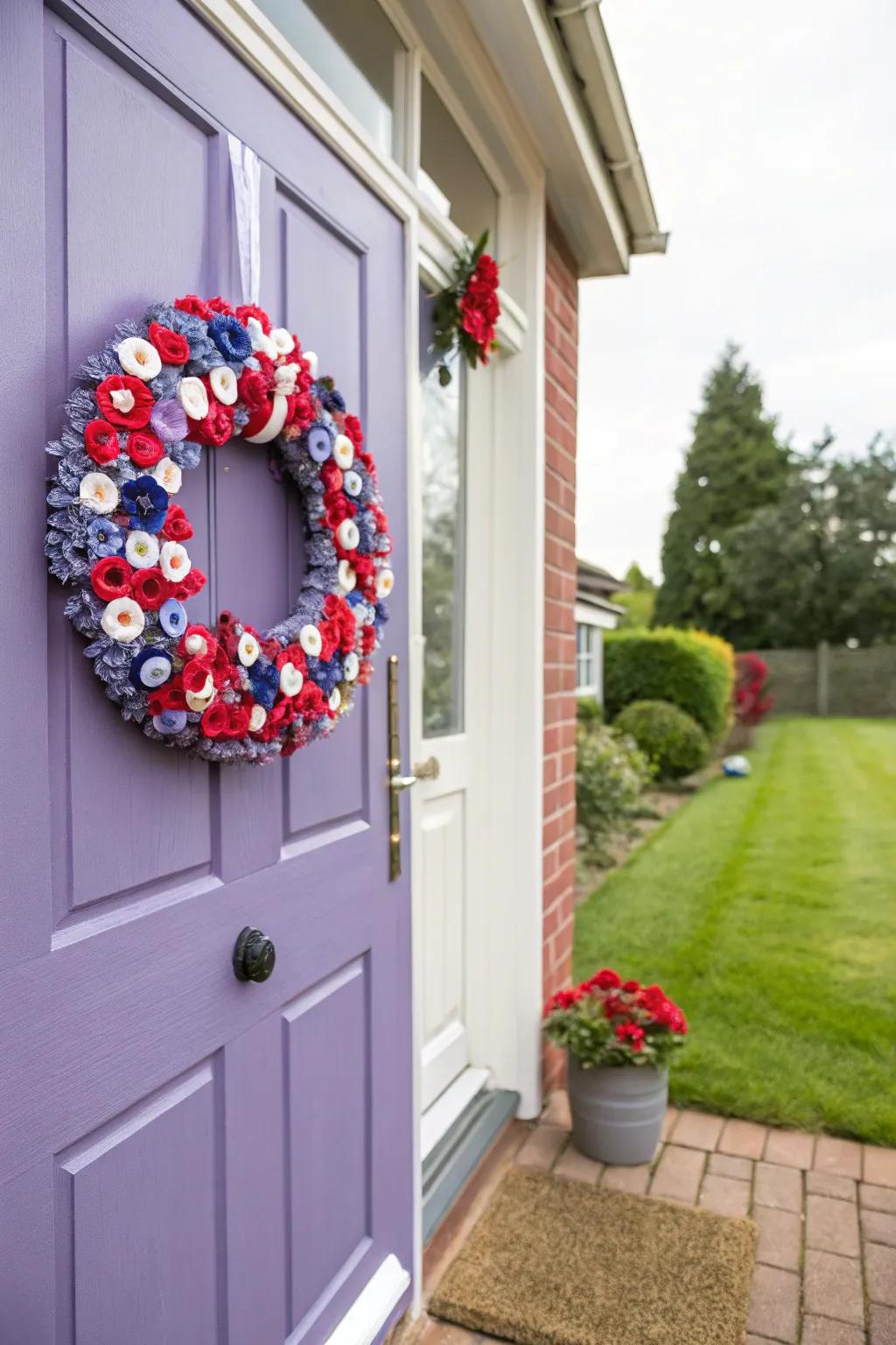 A charming wreath made with colorful buttons.