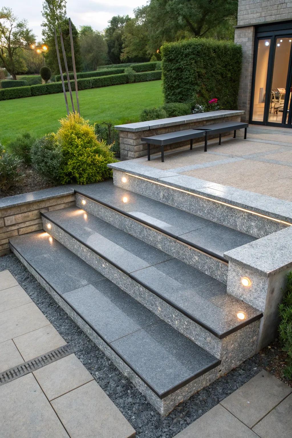 Built-in seating amplifies function on slate steps.