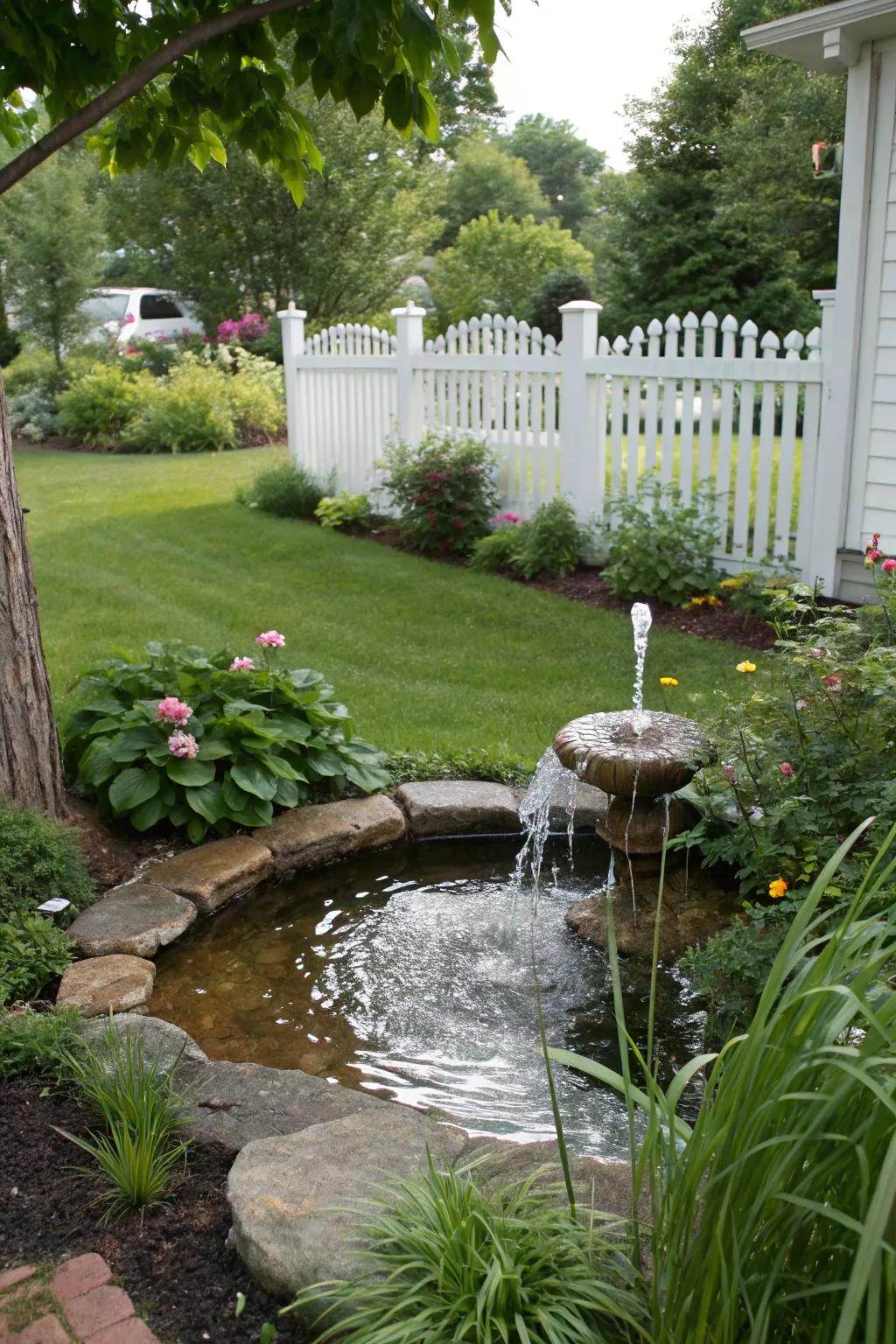 A water feature adds peace and charm.