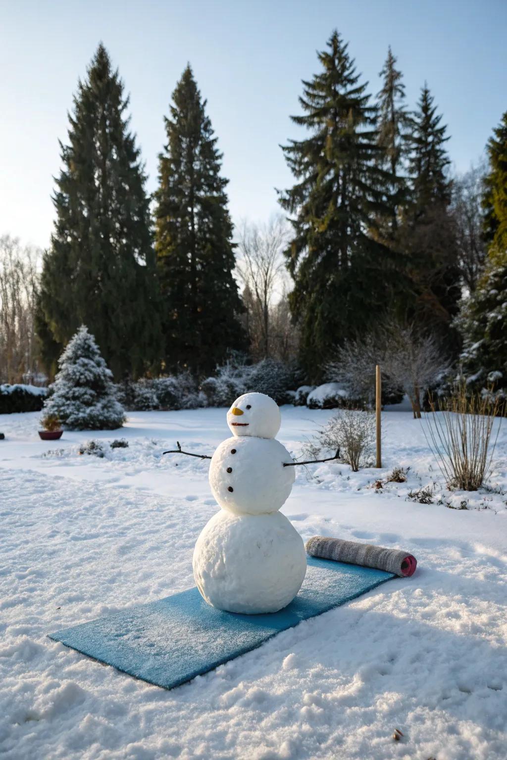 A snow-figure discovering equilibrium amidst the chilly environment.