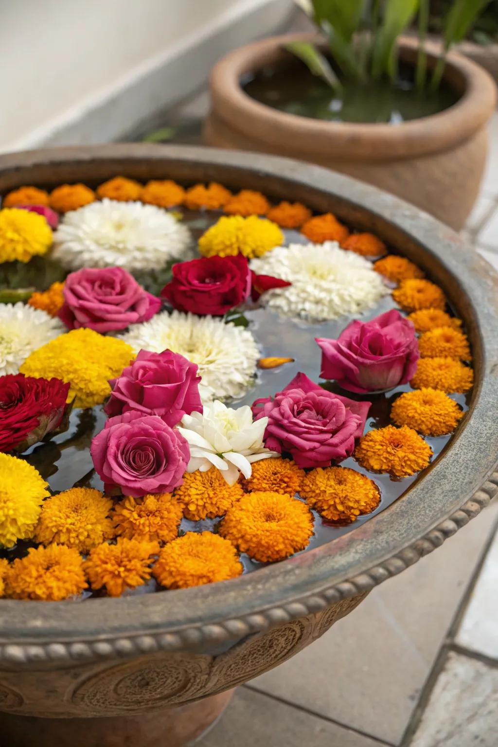 A serene focal point of blossoms drifting in a decorative bowl for the festival.