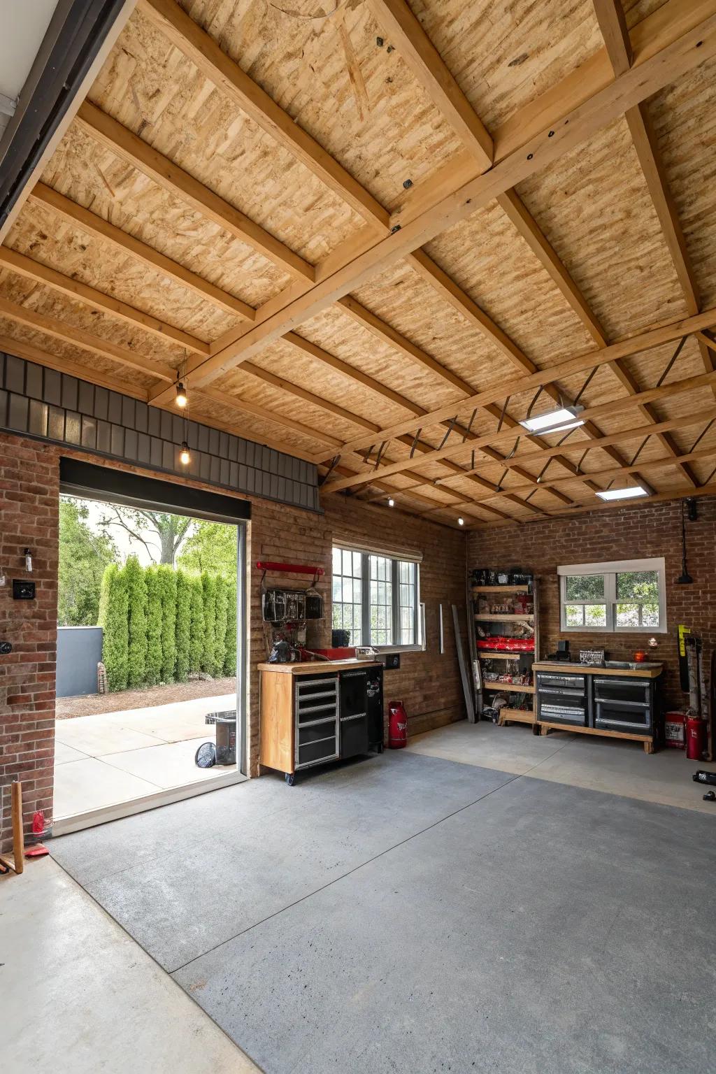 Plywood ceilings bring a natural, earthy feel to your garage.