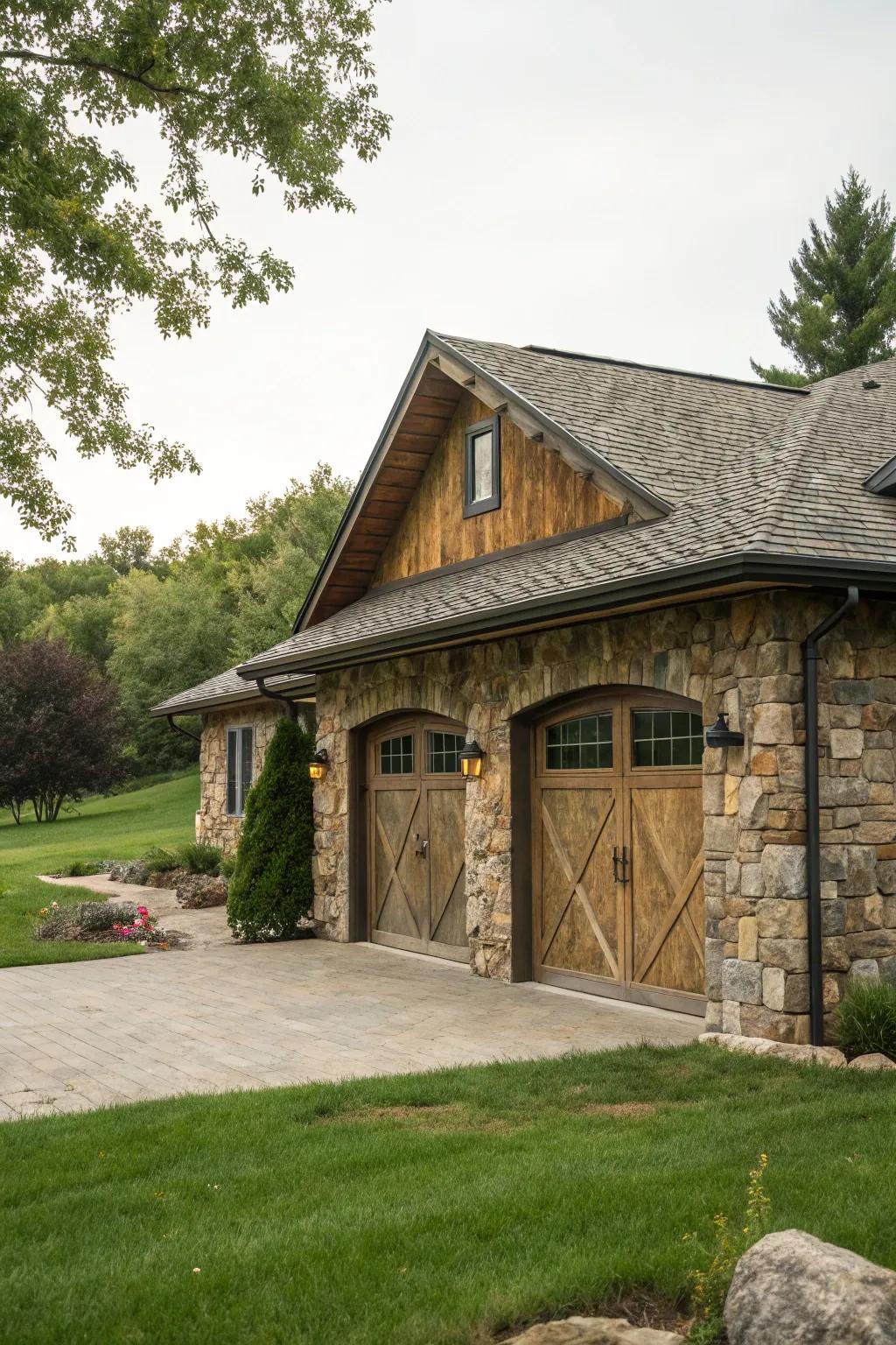 Innate lithic textured garage entries fashion a rustic and organic appeal.