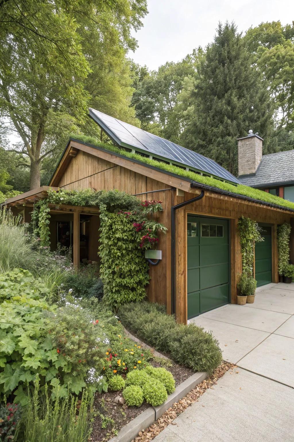 An eco-conscious garage design utilizing sustainable resources.